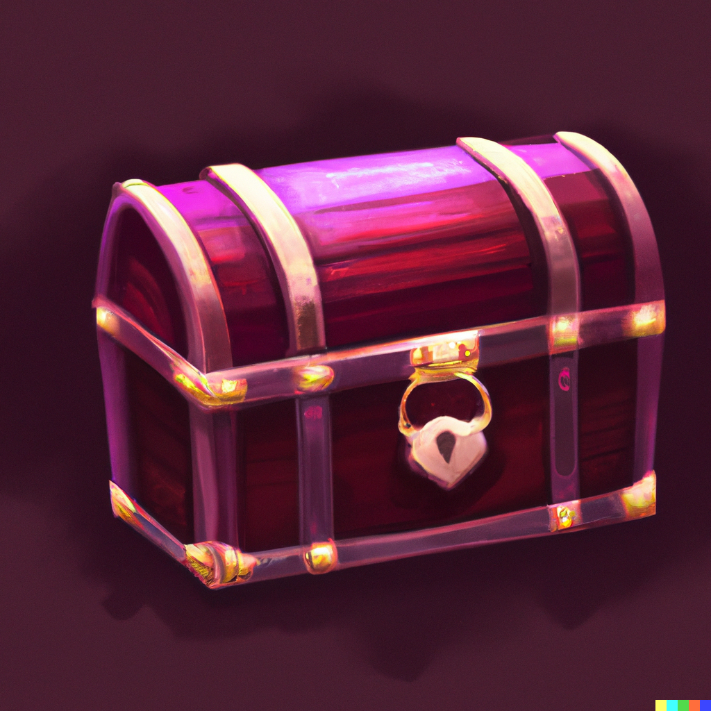 DALL-E generated image: locked treasure chest maroon background realistic painting.