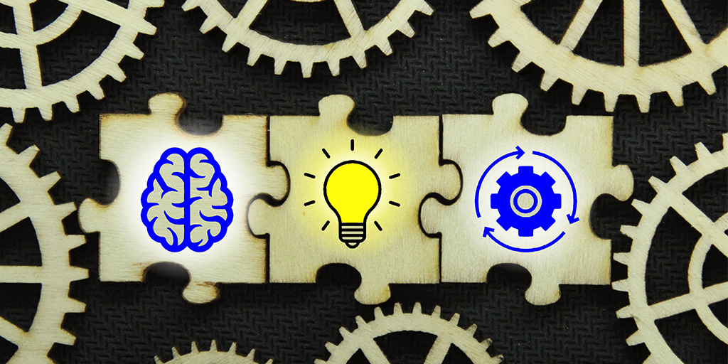 Decoorative: A puzzle with brain, idea, and management icons surrounded by gears