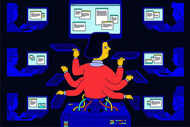 A digital image of a half human-half computer teaching assistant simultaneously sending information to six students on laptops.