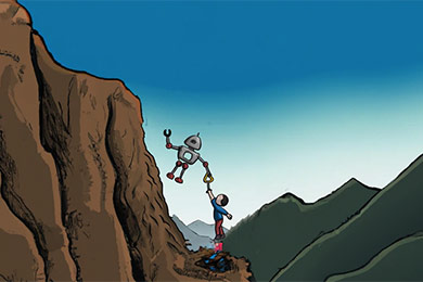 An Open AI DALL-E generated cartoon drawing made with the following prompt: A color illustration of a friendly robot lifting a person up a mountain by the hand.