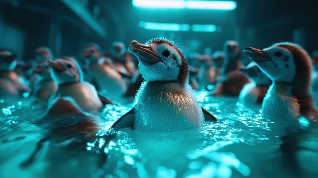 GAI image of a group of baby penguins gathered in an illuminated pool.