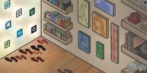 This image shows the corner of a room, with wooden floor with two walls - one is smaller than the other. On the left smaller wall, glowing app icons, with logos including Netflix, Spotify, OpenAI, and Alexa are arranged in a grid. Multiple sets of dark footprints converge toward these icons on the floor. The room’s right side features wooden shelves with various items: stacks of books, a vintage red rotary phone, vinyl records, and framed artwork. These objects are slightly shadowed and appear darker, but occupy the larger wall. On the floor’s bottom left corner, a few footprints veer off in the opposite direction to the other footsteps which were facing the glowing apps.