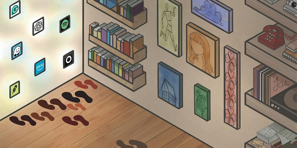 This image shows the corner of a room, with wooden floor with two walls - one is smaller than the other. On the left smaller wall, glowing app icons, with logos including Netflix, Spotify, OpenAI, and Alexa are arranged in a grid. Multiple sets of dark footprints converge toward these icons on the floor.
The room’s right side features wooden shelves with various items: stacks of books, a vintage red rotary phone, vinyl records, and framed artwork. These objects are slightly shadowed and appear darker, but occupy the larger wall. On the floor’s bottom left corner, a few footprints veer off in the opposite direction to the other footsteps which were facing the glowing apps.