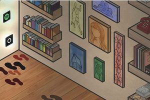 This image shows the corner of a room, with wooden floor with two walls - one is smaller than the other. On the left smaller wall, glowing app icons, with logos including Netflix, Spotify, OpenAI, and Alexa are arranged in a grid. Multiple sets of dark footprints converge toward these icons on the floor. The room’s right side features wooden shelves with various items: stacks of books, a vintage red rotary phone, vinyl records, and framed artwork. These objects are slightly shadowed and appear darker, but occupy the larger wall. On the floor’s bottom left corner, a few footprints veer off in the opposite direction to the other footsteps which were facing the glowing apps.