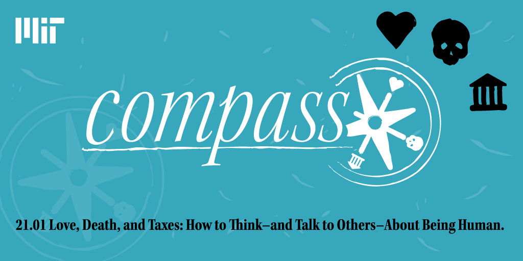 Compass logo which includes images of a heart, a skull, and a government building that represent 'love', 'death,' and 'taxes,' which is the name of the course
